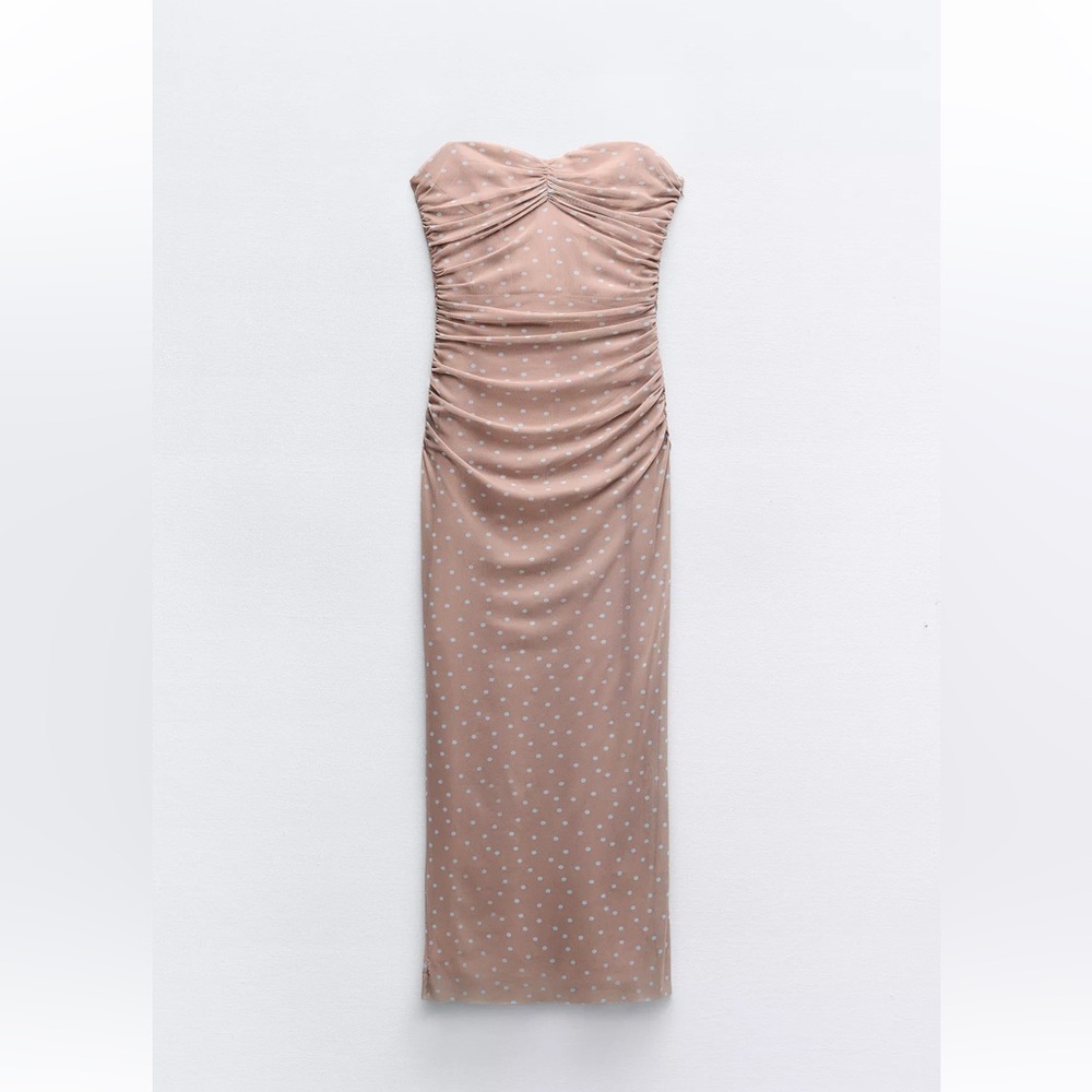 Zara Strapless Dress in Tan with Polka Dots